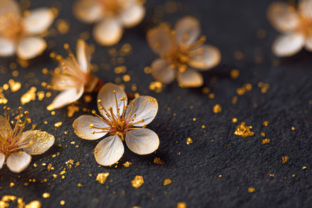 Ethereal white flowers accented with radiant gold dust rest on a rugged dark background, evoking sophistication and gentle artistry through subtle blooms and shimmerの写真素材