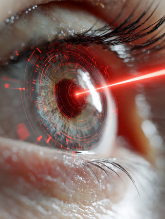 A sleek, cybernetic eye illuminated by vibrant interfaces and a sharp crimson laser slicing through the iris, embodying cutting-edge biometric and ai fusion.の写真素材