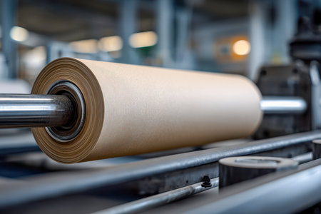 A massive sheet of rugged kraft paper is mounted on a sleek metal conveyor, set against a contemporary manufacturing backdrop, ready for seamless packaging tasks.の写真素材