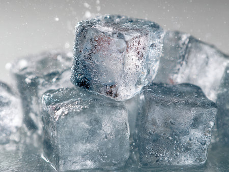 Clear, chilled ice cubes arranged in a neat stack, glistening with tiny water droplets under gentle illumination, evoking pure freshness and invigorating coolness.の写真素材