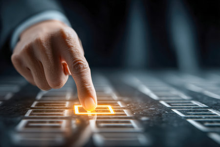 A professional man interacts with a sleek, high-tech display, activating a luminous control that symbolizes advanced decision processes and cutting-edge workplace inの写真素材