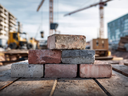 Bricks arranged in a pyramid shape on aged wood, set against a bustling city backdrop with towering cranes and construction equipment under bright daylight.の写真素材