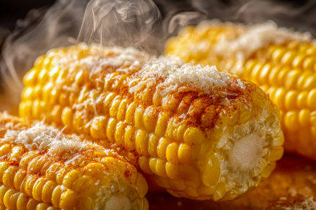 Juicy corn on the cob is brightened with vibrant chili spice and a generous sprinkle of cheese, offering a tempting, flavorful treat perfect for sharing or savoringの写真素材