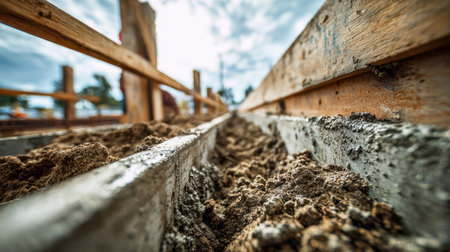 A newly cast concrete slab edges the muddy ground, lined by timber molds, setting the stage for a resilient building beneath a brooding, overcast sky.の写真素材