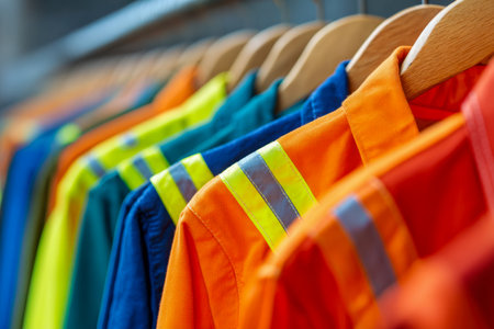 A row of vividly colored safety vests draped on wooden hangers, perfectly organized and prepared for deployment in demanding industrial or construction environments.の写真素材