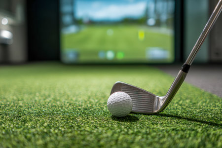 A modern indoor golfing space with a sleek virtual course display, a golf club and ball resting on lush artificial turf, perfect for honing skills anytimeの写真素材