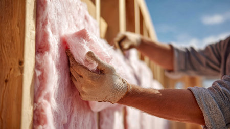 A construction professional in protective gloves carefully places vibrant pink insulation between wooden studs, enhancing the home's energy-saving features under briの写真素材