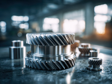 Precision-engineered steel gears with detailed teeth designs rest on a glossy surface, illuminated by ambient light in a sleek, contemporary manufacturing space.の写真素材