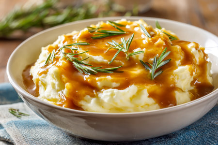 A comforting bowl of smooth mashed potatoes drizzled with rich gravy and garnished with fragrant rosemary, set on a vintage wooden surface accented by a soft blue clの写真素材
