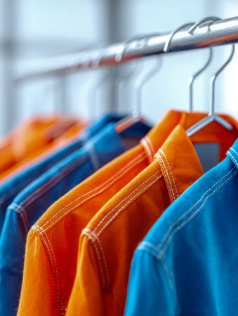 Bright sunlight illuminates colorful shirts on a sleek metal rack, emphasizing rich textures and fine stitching in a contemporary retail environment.の写真素材