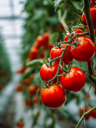 Lush clusters of ripe red tomatoes flourish on vigorous green vines in an airy greenhouse, bathed in gentle sunlight with rows of thriving plants fading into softnessの写真素材