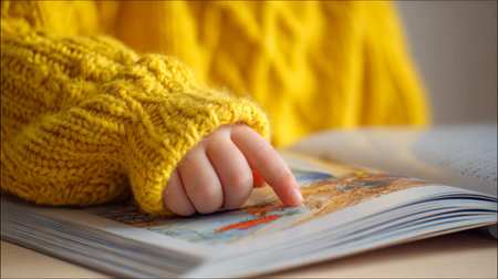 A young child in a warm yellow knitwear gently gestures toward vivid storybook images, immersed in peaceful indoor reading and fostering a love for stories.の写真素材
