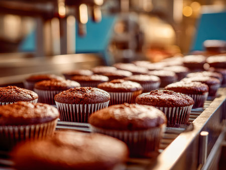 Warm glow illuminates a row of moist, dark chocolate pastries moving along a bakery's production line, showcasing their inviting textures and tempting shapes.の写真素材