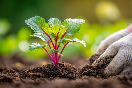 Gentle hands in durable gloves tend to fresh seedlings, embedding vibrant greenery into fertile earth while sunlight highlights nurturing care in an outdoor farm sceneの写真素材