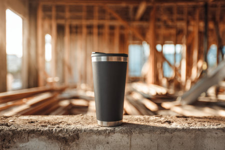 A cozy, stainless-steel vessel sits on a rough concrete slab within a rustic, incomplete timber frame, illuminated by soft sunlight spilling through gaps during daytの写真素材