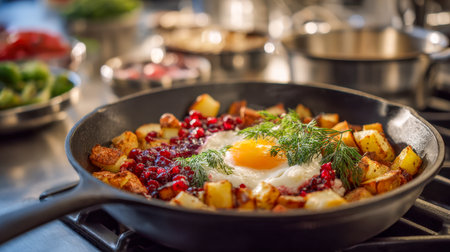 A hearty breakfast scene features crispy, golden potatoes alongside a perfectly cooked sunny-side-up egg topped with fragrant dill, complemented by a burst of red beの写真素材