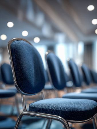 A sleek, organized seating arrangement featuring vibrant blue padded chairs with metallic accents, set against a contemporary, open-concept workspace illuminated byの写真素材