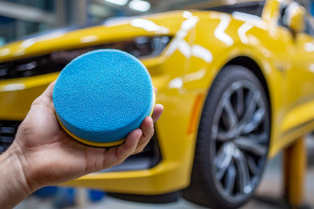 A close-up of a hand grasping a vibrant blue polishing sponge, with a gleaming yellow sports vehicle softly blurred behind, capturing a moment of meticulous auto carの写真素材