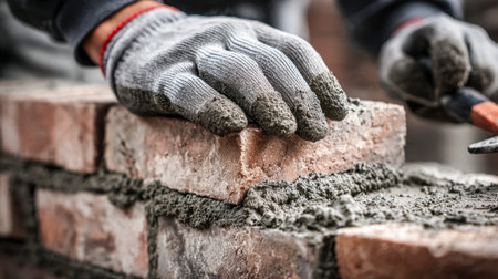A professional craftsman carefully places bricks while spreading mortar, ensuring a durable and precise exterior structure amidst a busy construction environment.の写真素材