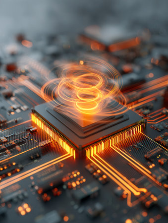 A luminous, cutting-edge microprocessor radiates vibrant energy flows, symbolizing technological progress and innovative computing against intricate circuit board deの写真素材