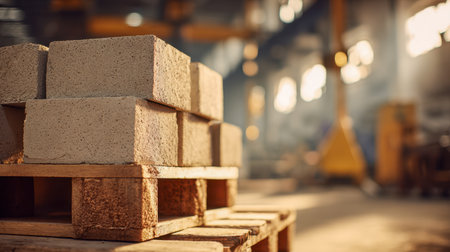 Rows of sturdy gray concrete blocks are neatly arranged on a wooden pallet, set against a softly illuminated factory interior filled with various building supplies.の写真素材