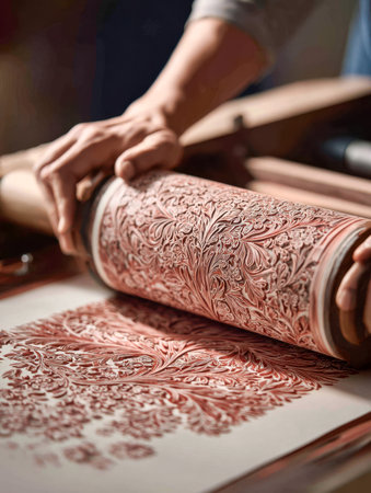 A craftsman skillfully inscribes elaborate crimson floral motifs onto paper with an antique engraved roller, capturing a timeless printmaking artistry in a cozy workの写真素材