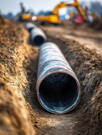 Heavy-duty steel pipes are positioned carefully within a deep trench, while an excavator operators nearby, orchestrating the ongoing infrastructure installation.の写真素材