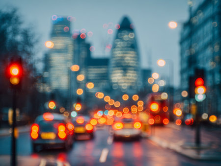 A lively city scene at dusk, featuring shimmering lights and towering buildings reflected on damp pavement, with motion blur adding a dynamic, dreamlike atmosphere.の写真素材