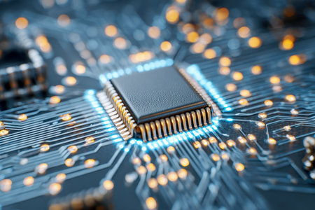 A sleek microprocessor rests at the heart of a vibrant, illuminated circuit board featuring complex wiring, luminous pathways, and shimmering gold contact pins, emboの写真素材