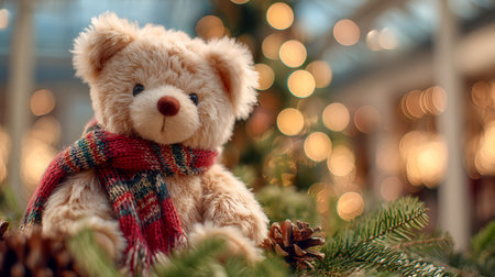 A cuddly teddy bear dressed in a vibrant knitted scarf sits amidst fragrant pine cones and lush evergreen foliage, glowing warmly under holiday fairy lights.の写真素材
