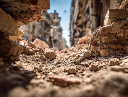 A messy landscape of scattered debris and fine dust on the ground, with indistinct ruined structures fading into the background against a bright, cloudless sky.の写真素材