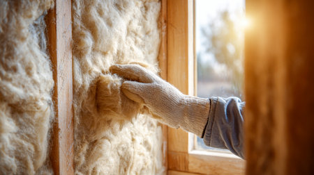 A skilled worker in safety gloves carefully places eco-friendly wool into wall gaps near a sunlight-lit window, enhancing insulation for a cozy, energy-saving space.の写真素材