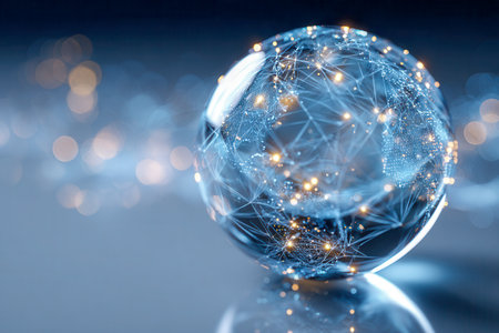 A clear spherical surface marked by luminous network pathways, symbolizing worldwide connectivity and cutting-edge innovation in a sleek, futuristic environment.の写真素材