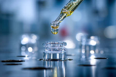 A scientist carefully dispenses a exact droplet from a precision pipette into a clear glass vessel, amid a meticulously maintained, sterile environment with soft-focの写真素材