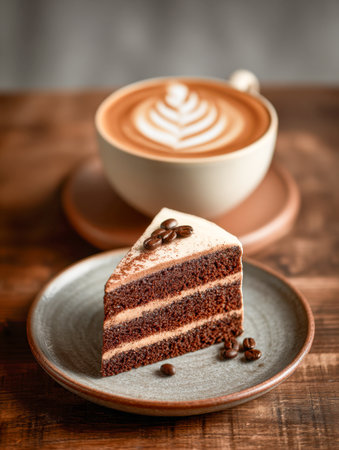 Indulge in decadent layers of chocolate, complemented by bold coffee beans, as a handcrafted caffeinated masterpiece rests on aged wood, inviting moments of cozy luxの写真素材