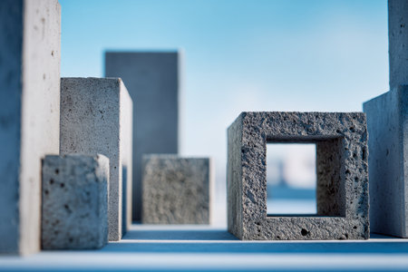 A captivating display of tiny concrete structures layered artistically to resemble a modern urban horizon, set against a vivid blue sky under gentle daylight.の写真素材