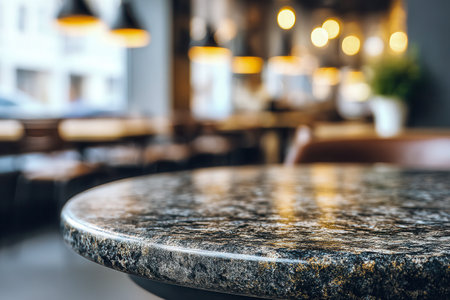 A sleek granite tabletop reflects ambient light, complemented by a softly lit ambiance and a stylish, contemporary cafe setting that exudes warmth and comfort.の写真素材