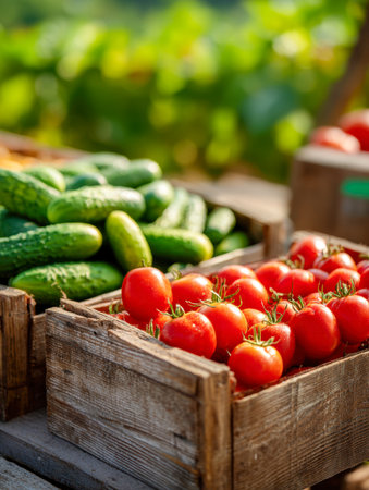 Vibrant heirloom tomatoes and crisp cucumbers nestled in handcrafted wooden bins, illuminated by golden sunlight against a lush, verdant market setting.の写真素材