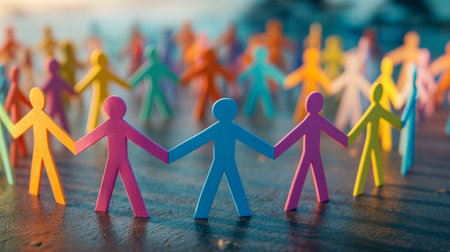 A vibrant assembly of handcrafted paper figures, each a different color and shape, interconnected in a circle to represent solidarity and collective strength.の写真素材