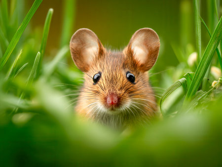 A tiny brown rodently cautiously emerges among vibrant blades of grass, its keen eyes scanning the surroundings under bright sunlight in a peaceful outdoor setting.の写真素材