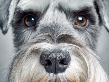 A vivid portrait highlighting a schnauzer's distinctive fur pattern, with a textured ebony nose and soulful brown eyes that convey wisdom and charm.の写真素材