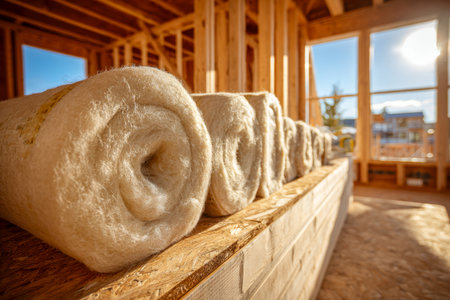 Rows of coarse, beige insulation material are arranged within a timber frame, awaiting installation to enhance home energy conservation and building performance.の写真素材