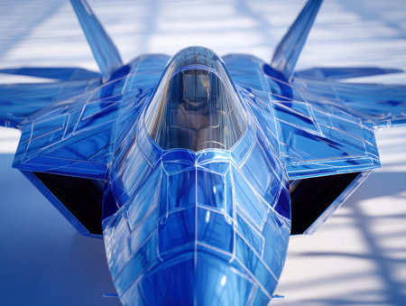 A cutting-edge concept aircraft featuring a glass-like blue exterior, highlighting advanced aerodynamics and internal systems in a sleek, visionary design.の写真素材