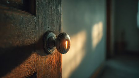 An aged wooden gateway bathed in golden light, highlighting its rustic charm and textured surface, with gentle shadows falling on the cozy, out-of-focus hallway behiの写真素材