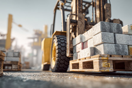 A sturdy forklift elevates a load of uniform concrete blocks secured on a wooden platform amidst a bustling construction zone, with heavy machinery lining the backgrの写真素材