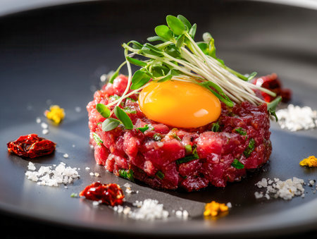 A refined dish featuring finely chopped beef infused with bold flavors, crowned with a golden yolk and vibrant microgreens, elegantly plated with sea salt and herbsの写真素材