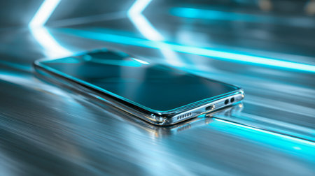 A cutting-edge mobile device rests on a polished metal plane, its mirror-like display illuminating vibrant blue streaks that evoke a high-tech, sci-fi ambiance.の写真素材