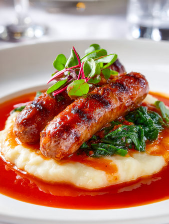 Juicy sausages sit atop smooth mashed potatoes, paired with vibrant greens saut?ed to perfection and drizzled with a bold tomato sauce, all accented with fresh herbsの写真素材
