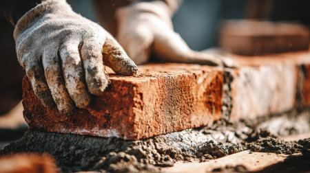 A skilled laborer carefully positions vibrant red bricks atop fresh, damp mortar under sunlight, illustrating craftsmanship and dedication in building structures.の写真素材
