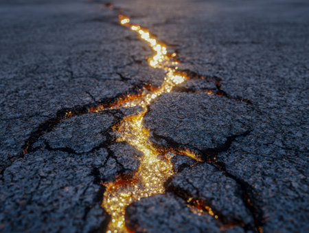 A weathered road at dusk showcases jagged cracks that spill radiant amber hues, illuminating the darkness with a warm, mystical glow through the fractured surface.の写真素材